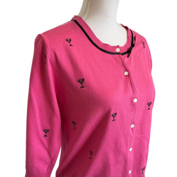 SML Design Cardigan Size Large Pink Martini Emblem Silk Blend Crop Black Ribbon - Picture 4 of 9